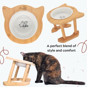 Elevated Raised Ceramic Cat Bowl with Bamboo Stand: Tilted, Adjustable Feeder image 5