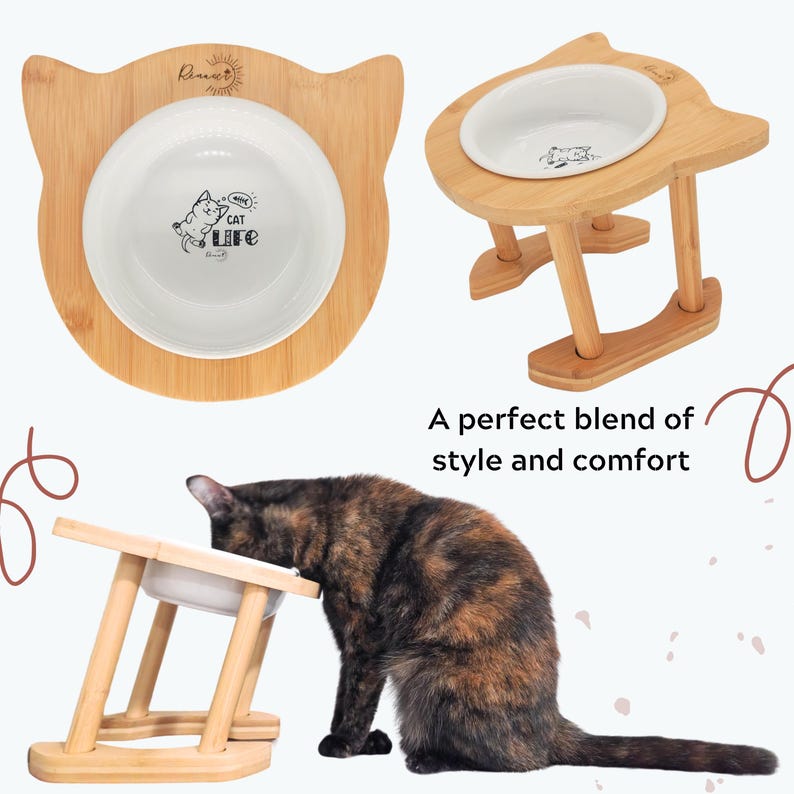 Elevated Raised Ceramic Cat Bowl with Bamboo Stand: Tilted, Adjustable Feeder image 5