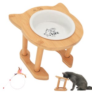 Elevated Raised Ceramic Cat Bowl with Bamboo Stand: Tilted, Adjustable Feeder image 4