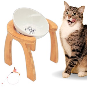 May include: A white ceramic cat food bowl with the text "Eat Cat Life" printed on it, elevated on a natural bamboo stand. A tabby cat is looking at the bowl with its tongue out.