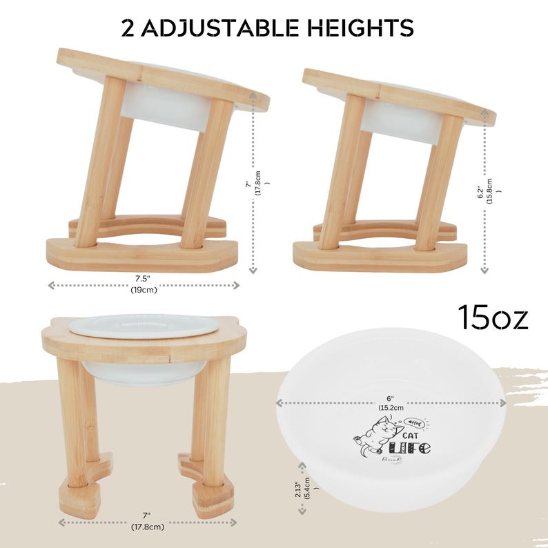 Elevated Raised Ceramic Cat Bowl with Bamboo Stand: Tilted, Adjustable Feeder image 2