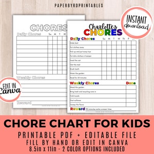 Chore Chart Template, Chore Chart Printable, Chore Chart for Kids, Kids Chore Chart, Editable Chore Chart, Daily Chores, Kids Reward Chart