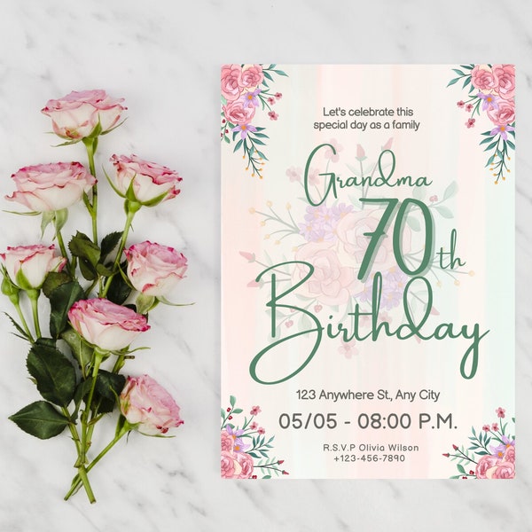 Grandma Birthday Invitation, Blue Birthday Invitation Template, Elegant Birthday Party Card, Digital Download