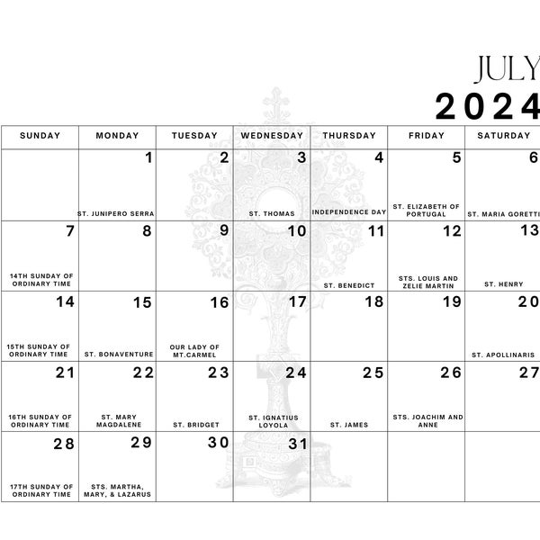 July 2024-July 2025 Liturgical Calendar Printable; 13 month liturgical calendar; Simple Catholic Calendar