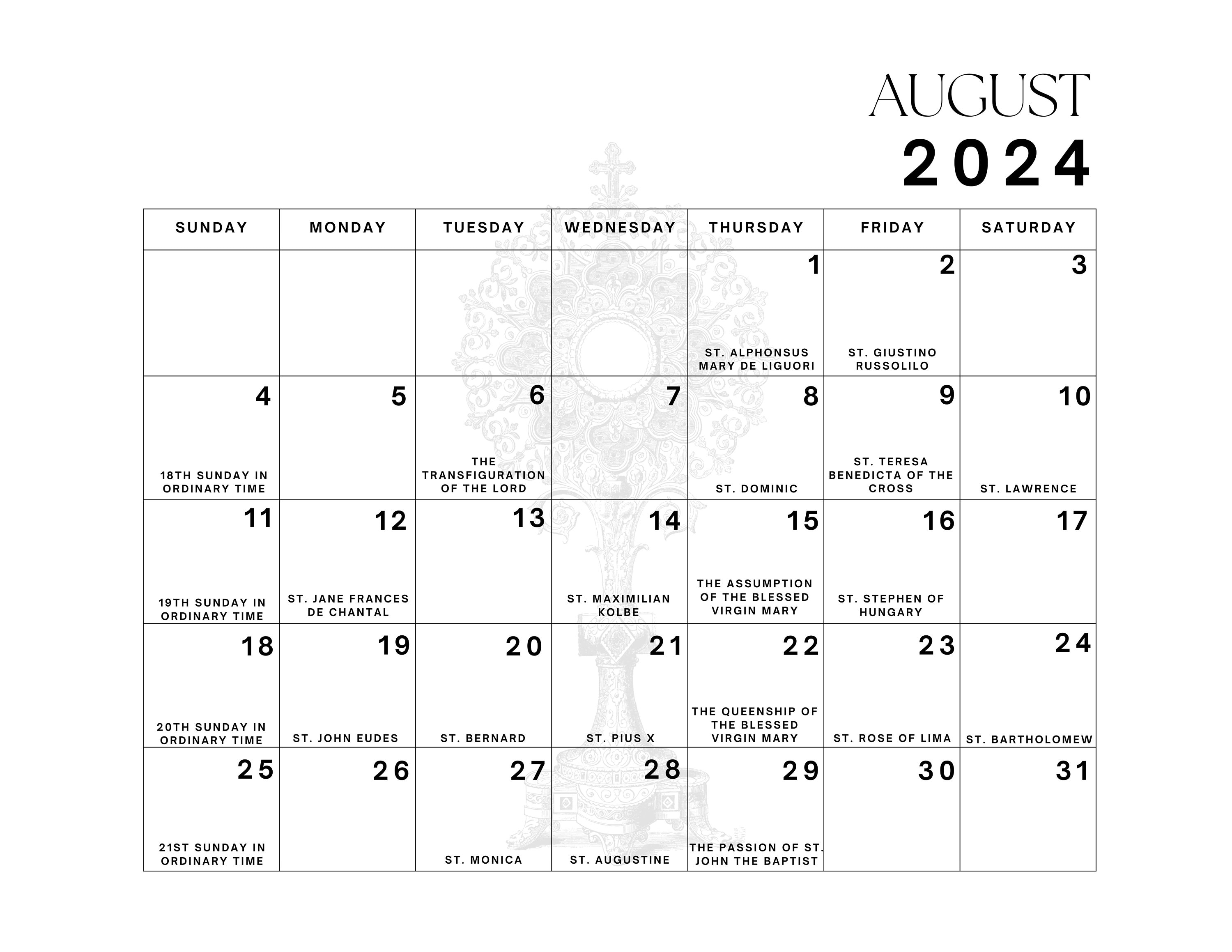 July 2024july 2025 Liturgical Calendar Printable 13 Month Liturgical
