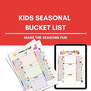 May include: A white paper bucket list for kids with the text "Summer of FUN" and "Fall of FUN". The list includes activities for June, July, August, September, October, and November. A tablet displays the "Fall of FUN" list.