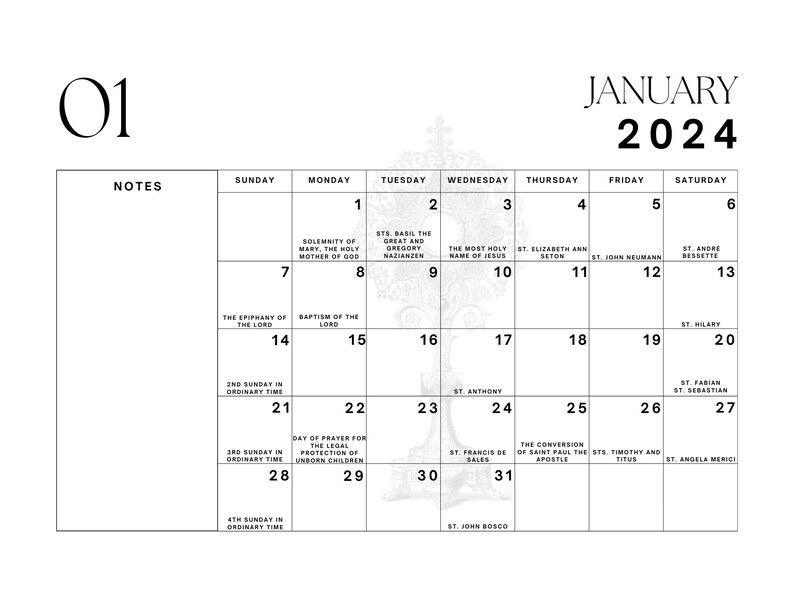 Liturgical Calendar 2024 Section for Notes January 2024december 2024