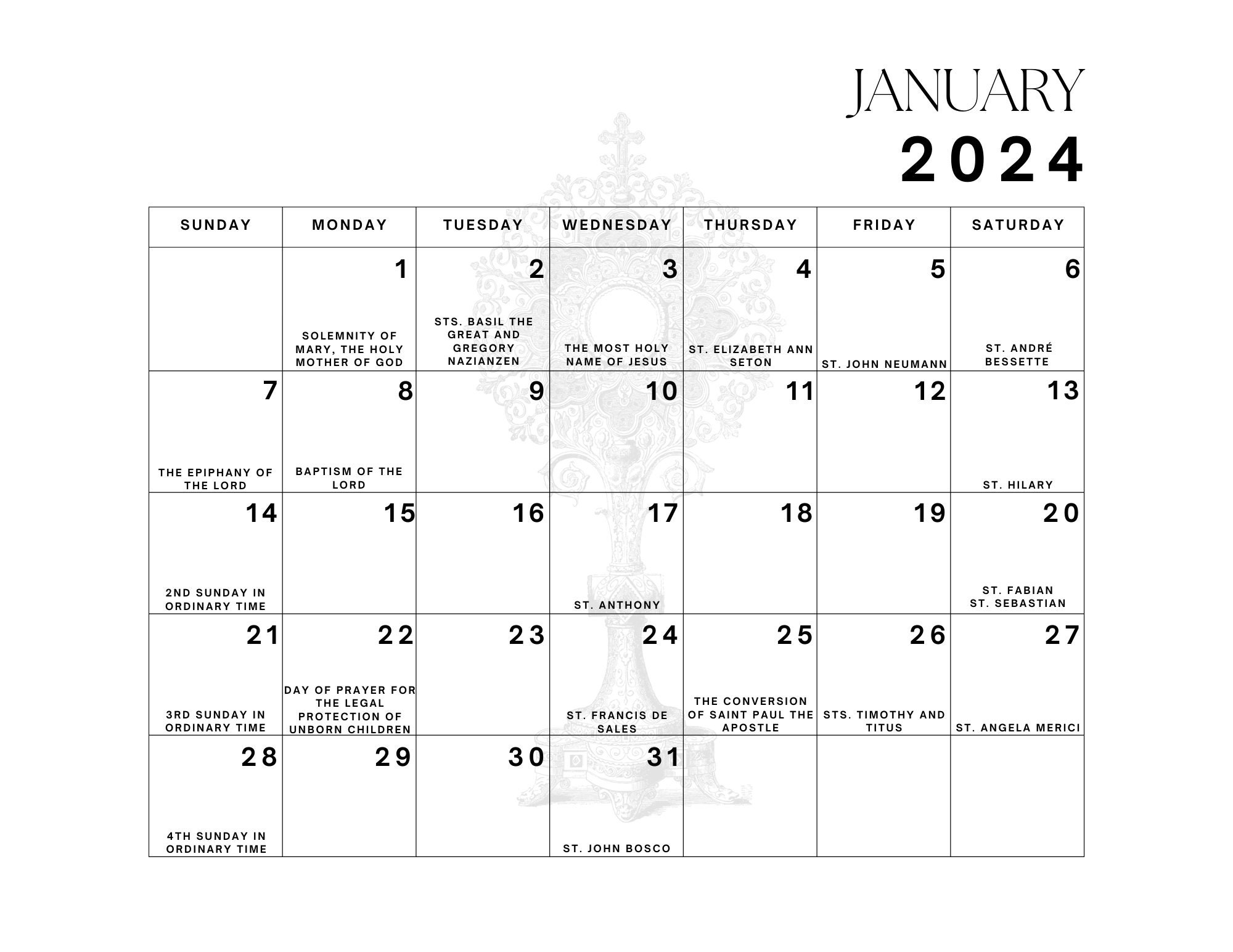 Liturgical Calendar 2024 Januarydecember Printable Calendar 12 Month