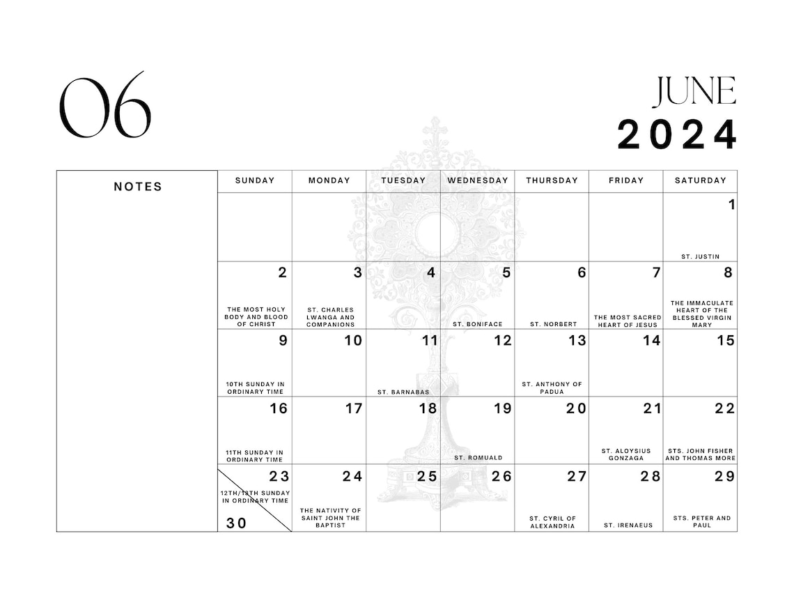 Liturgical Calendar 2024 Section for Notes January 2024december 2024