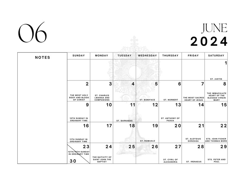 Liturgical Calendar 2024 Section for Notes January 2024december 2024