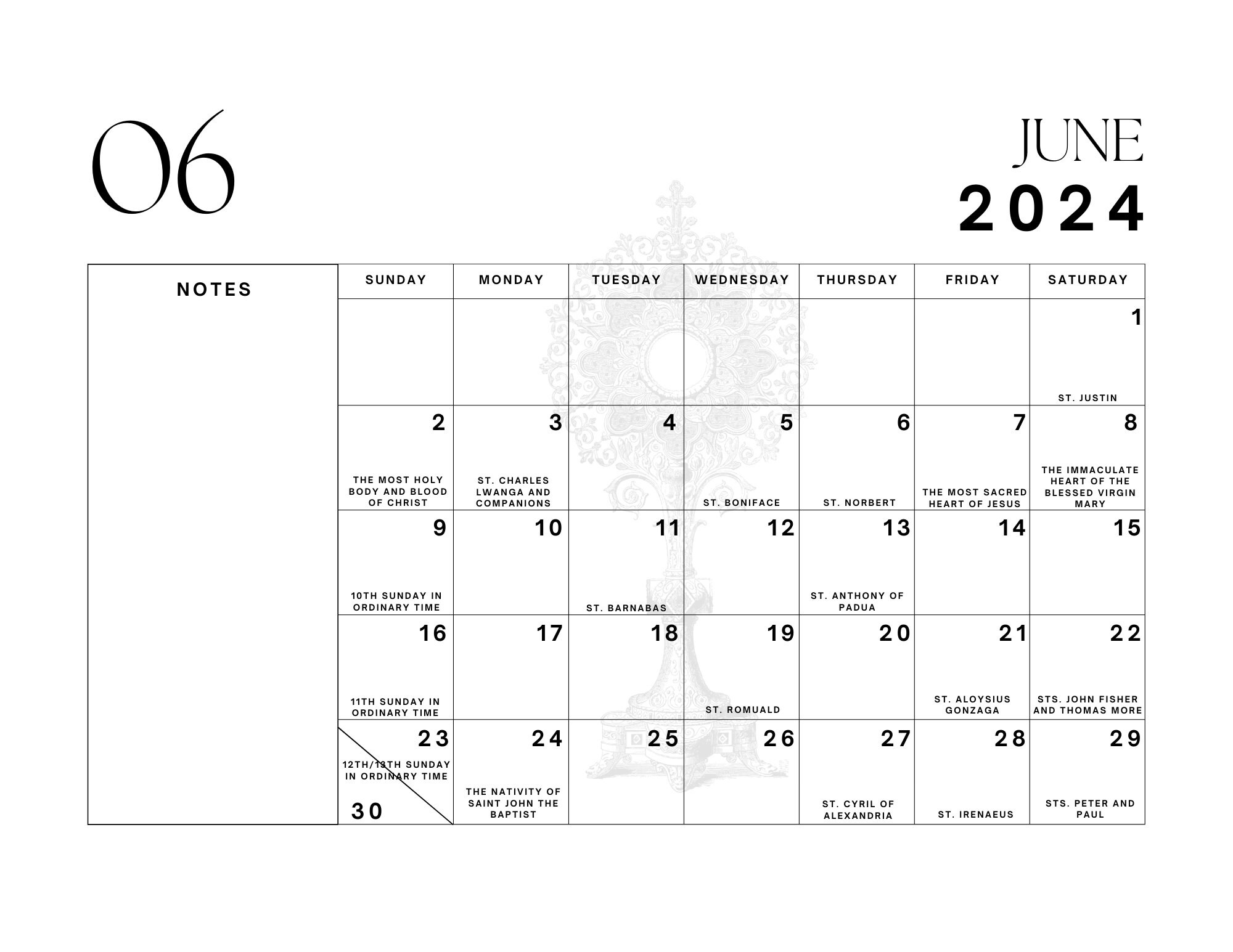 Liturgical Calendar 2024 Section for Notes January 2024december 2024