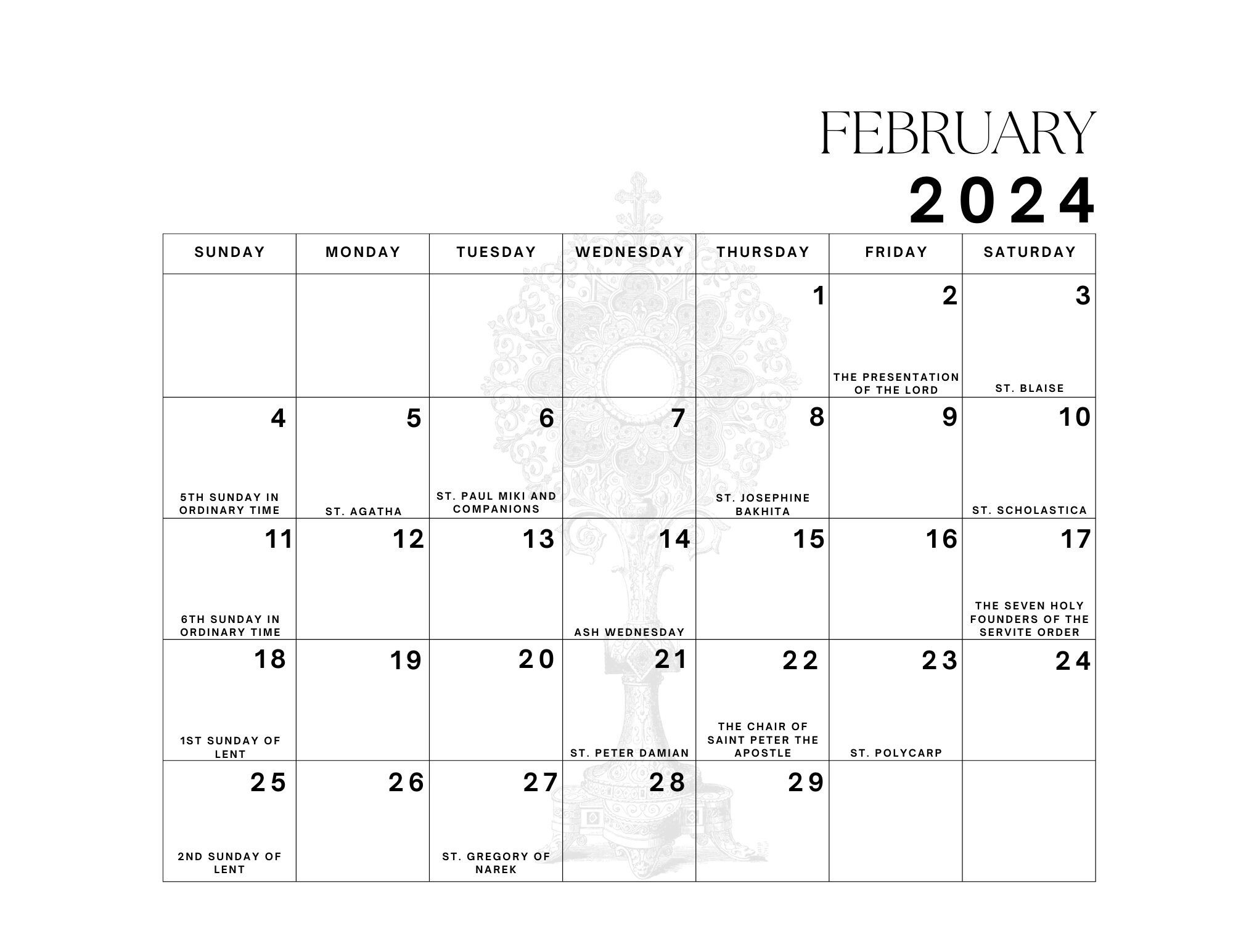 Liturgical Calendar 2024 Januarydecember Printable Calendar 12 Month