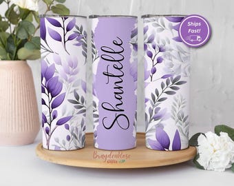 Personalized Floral Tumbler: Purple Flower Stainless Steel Cup With Straw