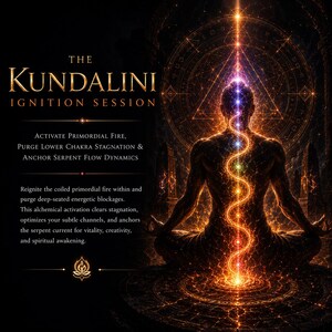 May include: A digital graphic featuring a silhouette of a person in a seated meditation pose. A glowing, serpentine orange light travels up the spine, passing through seven colored chakra points. Text reads: THE KUNDALINI IGNITION SESSION, and descriptive text.