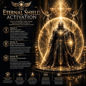 Może przedstawiać: Cyfrowy plakat zatytułowany The Eternal Shield Activation przedstawia centralną postać w złotej i czarnej zbroi, trzymającą tarczę wewnątrz świecącego okręgu. Tekst opisuje trzy fazy fortyfikacji oraz pięć kluczowych atrybutów obronnych.
