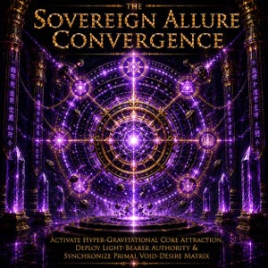 May include: A digital artwork titled THE SOVEREIGN ALLURE CONVERGENCE featuring a glowing purple circular geometric portal, surrounded by tall crystalline pillars and chains, with text reading ACTIVATE HYPER-GRAVITATIONAL CORE ATTRACTION.