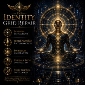 May include: A digital graphic titled The Identity Grid Repair featuring a central figure in a meditative pose surrounded by glowing gold geometric patterns. The text lists Parasitic Extractions, Subtle Anatomy Reconstruction, Sovereign Calibration, Cranial & Vocal Optimization, and Auric Firewall Installation.