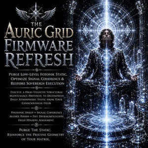May include: A digital artwork featuring a person sitting in a meditative pose surrounded by glowing blue geometric patterns and crystals. The text reads: THE AURIC GRID FIRMWARE REFRESH, PURGE LOW-LEVEL FOTONIK STATIC, OPTIMIZE SIGNAL COHERENCE & RESTORE SOVEREIGN EXECUTION, EXECUTE A HIGH-VELOCITY STRUCTURAL MAINTENANCE PROTOCOL TO DECOMPRESS DAILY ATMOSPHERIC STATIC FROM YOUR CONSCIOUSNESS FIELD, PHOTONIC SWEEP, SIGNAL COHERENCE, MATRIX POLISH, FILE DEFRAGMENTATION, FIELD HYGIENE ALIGNMENT, PURGE THE STATIC, REINFORCE THE PRISTINE GEOMETRY OF YOUR MATRIX.