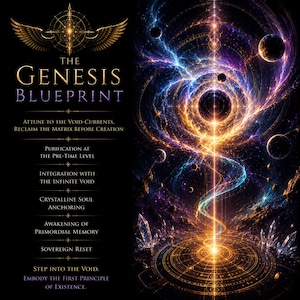 May include: A digital artwork titled The Genesis Blueprint featuring a golden winged emblem above text and a cosmic scene with a glowing central vortex, swirling nebulae, dark planets, and crystalline structures on a circular geometric base.