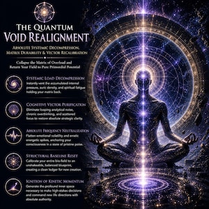 May include: A digital poster titled The Quantum Void Realignment featuring a silhouette of a person in a meditative pose surrounded by purple and blue cosmic energy, intricate geometric patterns, and five listed steps for systemic decompression.