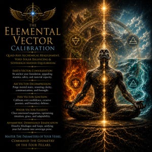 May include: A digital poster titled The Elemental Vector Calibration featuring a central figure in a meditative pose surrounded by golden geometric patterns, fire, water, and mountain imagery, with detailed text describing four elemental vectors.