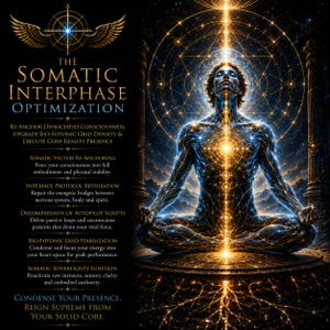 Könnte beinhalten: Eine digitale Illustration mit einer zentralen Figur in meditativer Haltung, umgeben von leuchtenden goldenen geometrischen Mustern. Der Text lautet: The Somatic Interphase Optimization, Re-Anchor Dissociated Consciousness, Upgrade Bio-Fotonic Grid Density & Execute Core Reality Presence, Somatic Vector Re-Anchoring, Interface Protocol Restoration, Decompression of Autopilot Scripts, Bio-Fotonic Grid Stabilization, Somatic Sovereignty Ignition, Condense Your Presence. Reign Supreme from Your Solid Core.