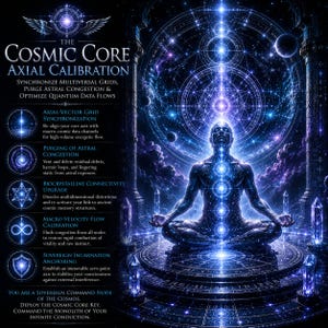 Op de afbeelding: Een digitale kunstdruk getiteld The Cosmic Core Axial Calibration met een figuur in meditatiehouding omringd door lichtgevende blauwe geometrische patronen, hemellichamen en kristallen. De tekst beschrijft vijf kalibratiestappen.