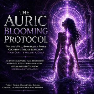 May include: A digital graphic featuring the text THE AURIC BLOOMING PROTOCOL, OPTIMIZE FIELD LUMINOSITY, PURGE COGNITIVE FATIGUE & ANCHOR HIGH-DENSITY MAGNETIC GRIDS, RE-ENGINEER YOUR BIO-MAGNETIC EMISSION FIELD, and PURGE. ALIGN. MAGNETIZE. BLOOM.