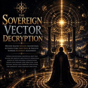 May include: A digital illustration titled THE SOVEREIGN VECTOR DECRYPTION featuring a figure in a dark cloak standing before a glowing golden portal with pillars. The image includes complex geometric patterns, data screens, and text detailing mission algorithms and blueprint alignment in a high-contrast, dark, and gold color palette.