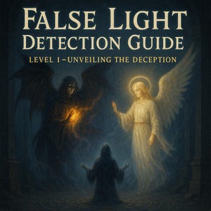 May include: An illustrated book cover with the title "FALSE LIGHT DETECTION GUIDE" in gold lettering. The image depicts a dark figure with wings holding a glowing orb, an angel, and a hooded figure in prayer.