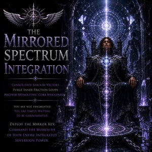 Puede incluir: Una ilustración digital oscura en tonos púrpuras que muestra una figura central sentada en un trono, rodeada de patrones geométricos brillantes y cadenas. El texto dice: THE MIRRORED SPECTRUM INTEGRATION, CONSOLIDATE SHADOW VECTORS, PURGE INNER FRICTION LOOPS, ANCHOR MONOLITHIC CORE WHOLENESS, YOU ARE NOT FRAGMENTED. YOU ARE SIMPLY WAITING TO BE CONSOLIDATED. DEPLOY THE MIRROR KEY. COMMAND THE MONOLITH OF YOUR ENTIRE INTEGRATED SOVEREIGN POWER.