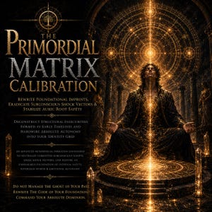 May include: A digital artwork featuring a person in a dark robe sitting in a meditative pose on a glowing circular platform. Golden geometric light patterns radiate from behind and below. Text reads: THE PRIMORDIAL MATRIX CALIBRATION and other phrases.