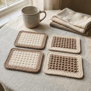Brown Crochet Coasters, Neutral Table Decor, Handmade Drink Mats, Modern Farmhouse Home Accent, 100% Cotton Mug Rug Pair