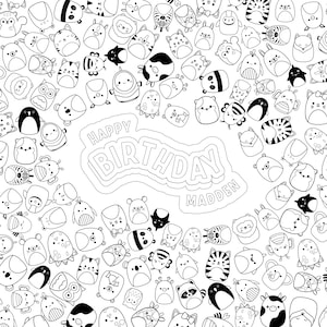 May include: Black and white illustration featuring numerous cartoon animals, including penguins, zebras, and cats. The words "HAPPY BIRTHDAY MADDEN" are written in a banner-style font, surrounded by the animal characters. The image is suitable for coloring.