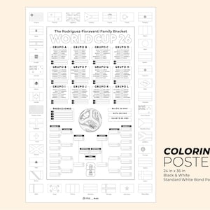 Puede incluir: Un póster para colorear en blanco y negro de 24 in x 36 in, con el cuadro del Mundial 26 de la familia Rodriguez-Fioravanti. El diseño incluye fases de grupos, un cuadro de torneo, una ilustración de un balón y banderas nacionales.
