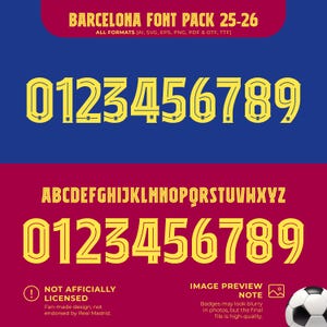 Op de afbeelding: Een digitaal grafisch ontwerp met een lettertypepakket met de naam "Barcelona Font Pack 25-26". Het ontwerp bevat geel omrande cijfers en letters op een blauwe en bordeauxrode achtergrond. De tekst "ALL FORMATS" is ook opgenomen.