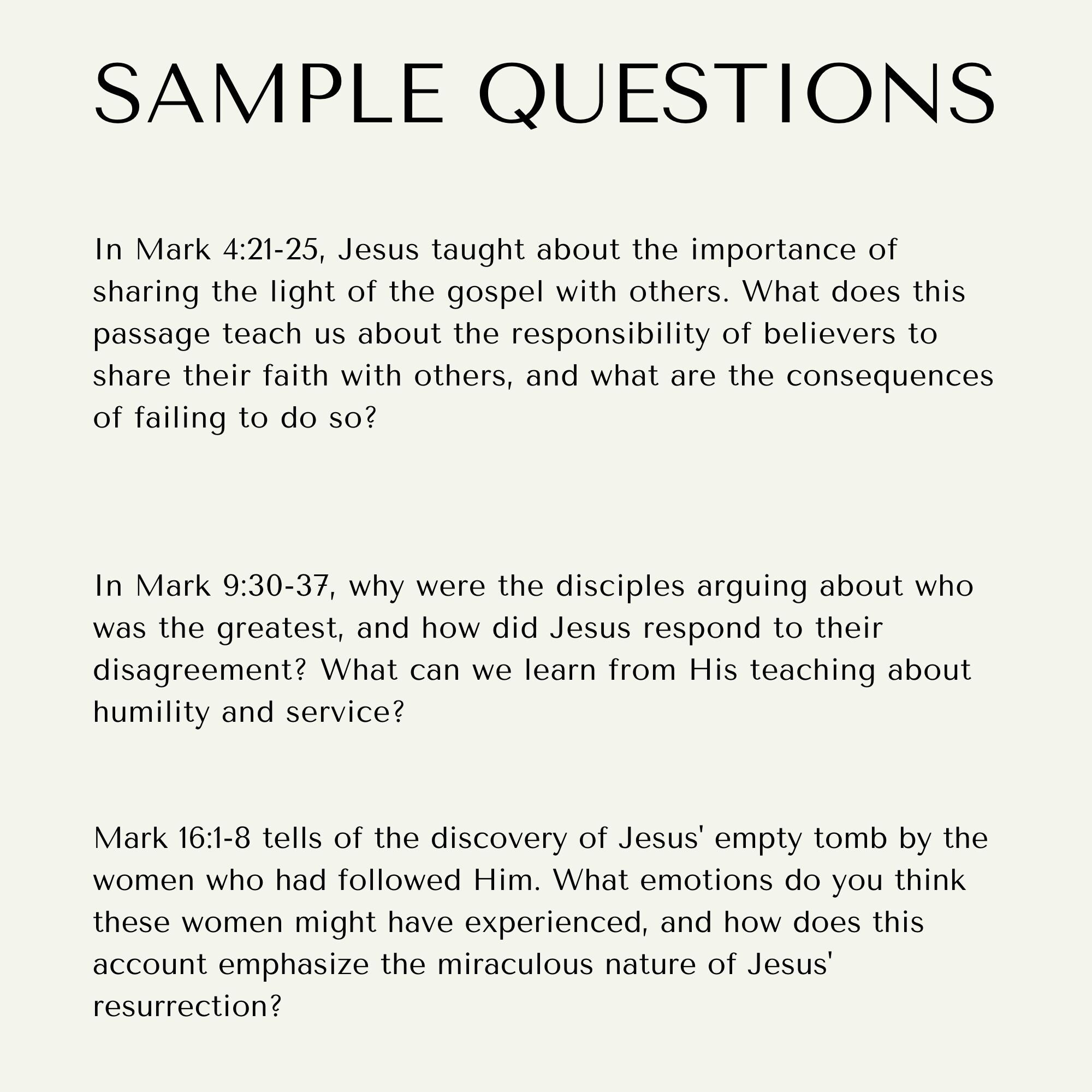 Bible Study of Mark, Bible Study Questions, Bible Study Printable