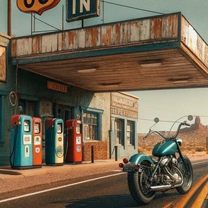 ビンテージ ルート66 ガソリンスタンド プリント | 歴史的なホルブルック AZ ウォールアート | レトロ アメリカン バイク装飾 | 男の隠れ家ポスター | 即時ダウンロード