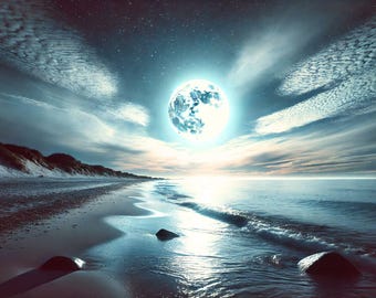 Moonlit Beach Print: Surreal Coastal Wall Art (Digital Download Print)