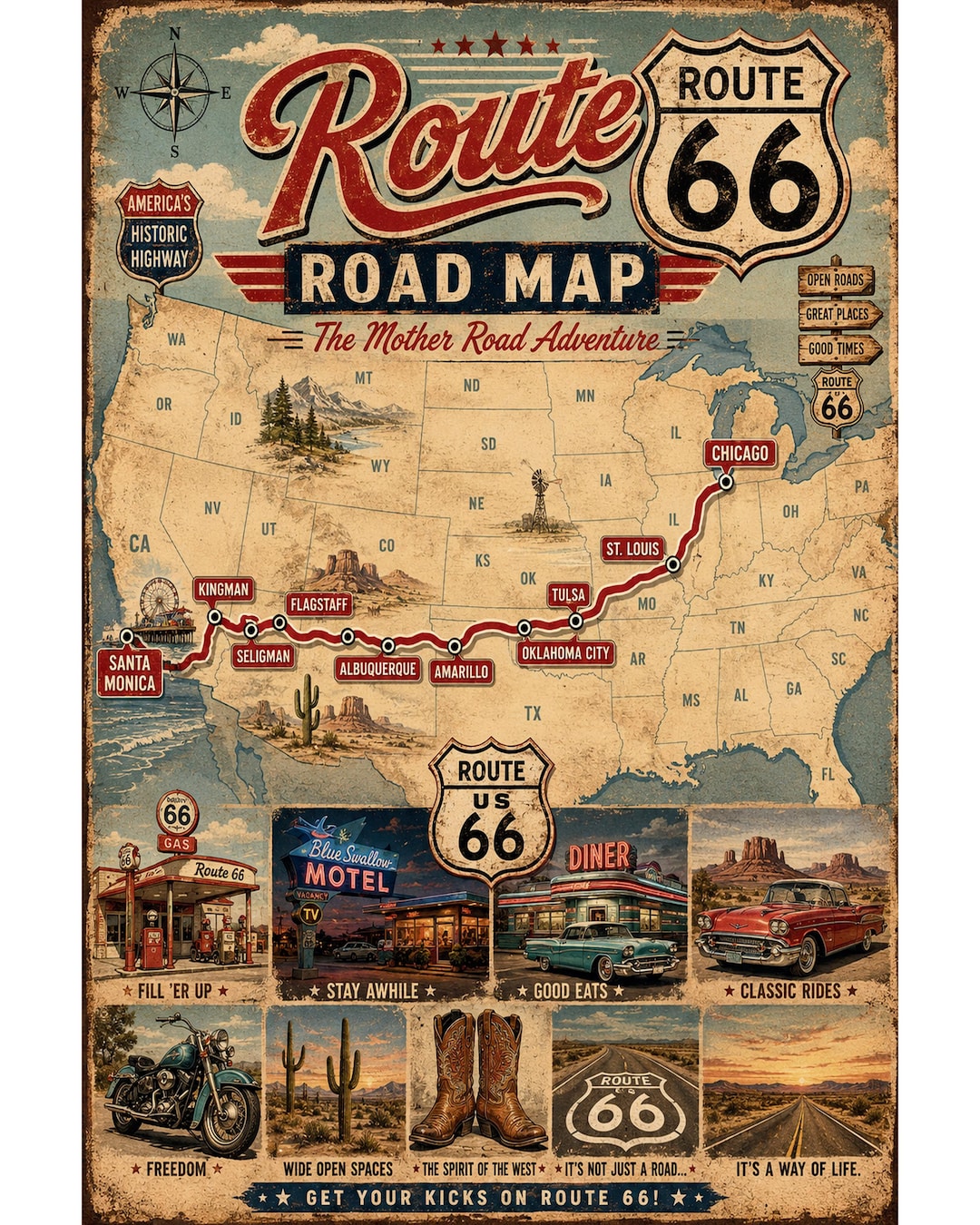 Route 66 Road Map Poster, Vintage Americana Wall Art, Retro Travel ...