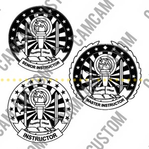 May include: Black and white graphic design of three circular emblems. Each emblem features a torch, swords, and the text "EXPERTO CREDE". The emblems are labeled "SENIOR INSTRUCTOR", "MASTER INSTRUCTOR", and "INSTRUCTOR".