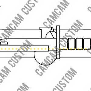 May include: A black and white line drawing of a knife with a handle and a blade. The knife is in a sheath with a series of small circles along the top and bottom edges.