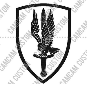May include: Black and white illustration of a shield with a sword and a bird of prey inside. The bird is perched on the sword and has its wings spread out.