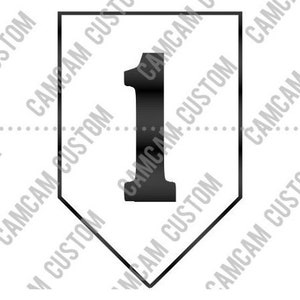 May include: A white patch with a black number one inside. The patch is shaped like a diamond with rounded corners.