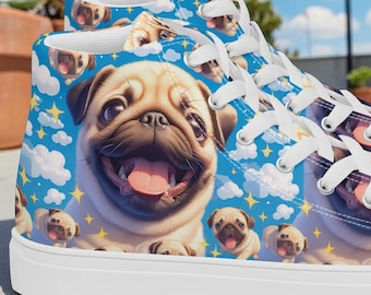 Zapatos de Mujer Estilo Converse Pug Animado, Zapatos Pug, Zapatillas Altas Pug, Regalo para Amantes de los Pug