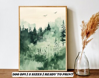 Sage Green Watercolor Wall Art – Minimal Botanical Forest Print, Japandi Style Nature Decor, Green Landscape Printable Art, Digital Download