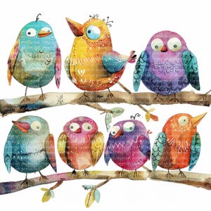 20 imágenes prediseñadas de pájaros caprichosos en formato JPG: pájaros de acuarela en una rama, arte infantil, imágenes prediseñadas imprimibles, pegatinas de papel con pájaros divertidos y lindos.