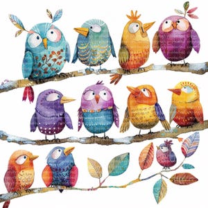 20 imágenes prediseñadas de pájaros caprichosos en formato JPG: pájaros de acuarela en una rama, arte infantil, imágenes prediseñadas imprimibles, pegatinas de papel con pájaros divertidos y lindos.