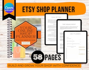 Puede incluir: Un planificador en blanco y negro con el título "Your Online Shop Planner for Etsy Shop Owners 2025" y el texto "58 Pages" en un círculo blanco. El planificador está abierto para mostrar páginas con los títulos "Goal Setting", "Time Management" y "Daily Planner".
