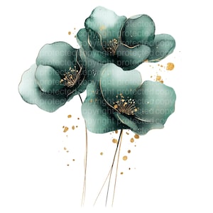 12 Abstract Emerald Green Flowers Clipart, Green Floral Print, Printable Watercolor Clipart, High Quality PNG, Digital download, Paper craft